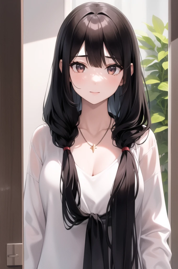 1girl, necklace, long_hair, solo, black_hair, bangs, looking_at_viewer, upper_body