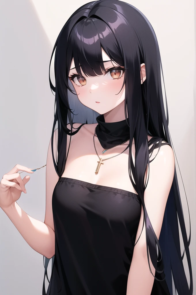 1girl, necklace, long_hair, solo, black_hair, bangs, looking_at_viewer, upper_body