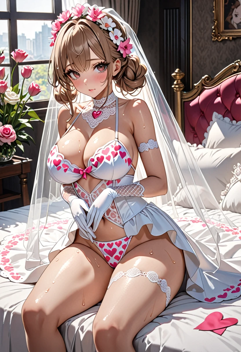 (((Highest quality, Ultra-high resolution、The most complex and detailed depiction)))、((masterpiece:1.3)), (8k, RAW Photos, Best image quality: 1.4), Very detailedな顔、Attention to detail、(Beautiful woman:1.4),(Realistic:1.4) (8k, RAW Photos,), (photo-Realistic:1.3), Very detailed, Beautiful attention to detail, (girl:1.3)、(Bride in prom dress)、Dark eyeliner、Eyelash length、False eyelashes、double eyelid、Brown eyes、Light fluorescent lip gloss, ((hostess:1.2)),(((pink heart print bikini、Red and white big heart pattern),(Pink tea bags)、(White wreath on head、Wedding Veil、Maria Bale))、Pink heart choker around the neck),(((open wedding dress)))、(((White Mesh Opera Gloves))),(Huge breasts:1.6),、(Cleavage:1.2)、(((Light brown hair、Braided hair、((Gather your hair at the back of your head,Put your hair up)))))、Gal-style makeup、Dark eyeliner、Black eyeliner、Heavy eye makeup、Eyelash length、False eyelashes、Eyelash length、Big eyes、Big black eyes、Big eyes、elongated nose、Heavy makeup、Face with gills、Spread your legs and face forward.、(((whole body)))、Spread your legs座る、Spread your legs、sexy、Glamorous Body、(Saggy breasts、Large saggy breasts)、((Sweat、Your body is wet))、(((Lie face up on the bed)),(Breastfeeding with your arms、Cover your crotch with your hands)、Small Mouth、Put your hair up behind your head
