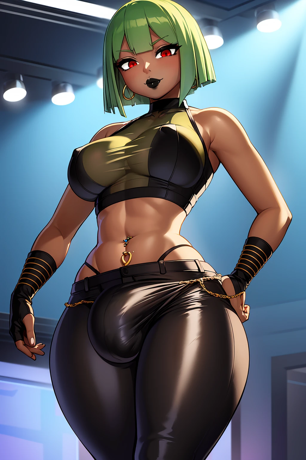 (solo:1.1),(masterpiece), (best quality:1.3), highly detailed, intricate, professional art, digital art, absurdres, confidant, emerald sustrai, futanari emerald sustrai wearing a crop top with arm gloves and pants confidently in a club,(Black see through top:1.4), (pants:1.6), 1girl, solo, (dark skin:1.5), green hair, bob hair, gold hoop earrings, gold jewellery, ab lines,(gold navel piercing:1.1), detailed stomach, red eye colour, dark skin, average breasts, (aroused:1.2), (futanari:1.1), (wide hips:1.4), (makeup 1:1), beestung lips, (black lipstick:1.3), large penis, panty straps riding hips, (large crotch bulge:1.4), crotch bulge, large testicles , furniture, fontal view, universal lighting