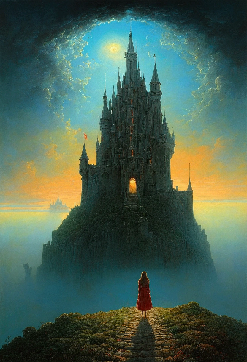 author：Zdzislaw Beksiński、Big Eye in the Sky、girl、Huge castle