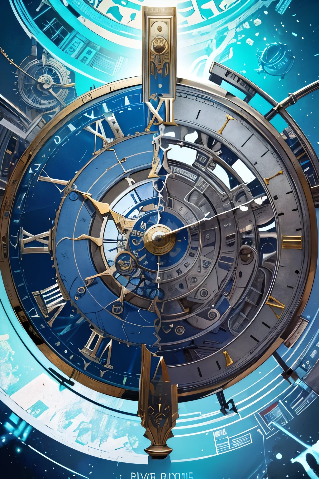 clock with Silver face and roman numerals on a blue background mechanical clock, its hour come round at last, spiral clock, time warping, time consumes us all, a rustic album cover of a clock, clockwork, time displacement device, memory trapped in eternal time, clocks, clockpunk, clock, huge mechanical clocks, its hour come around at last