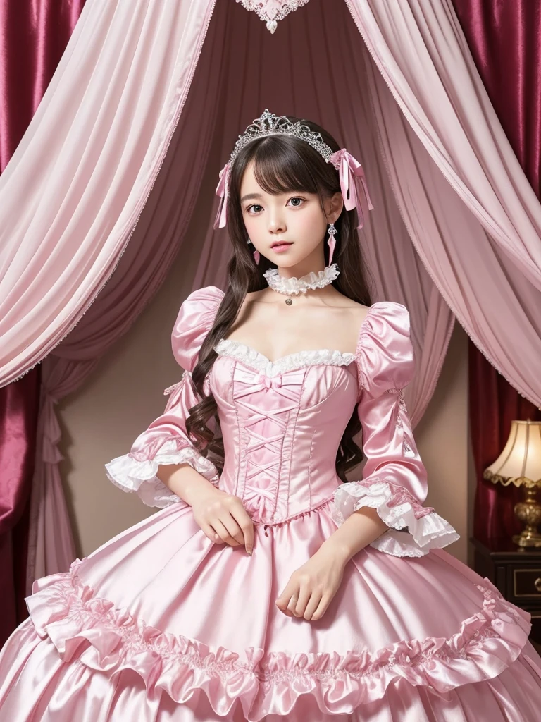 highest quality, masterpiece, highest resolution, artwork, super それにget used to it, many get used to it, get used to it, それにget used to it, 3k realistic pictures,,((10 year old little girls)),Ultra-detailed juvenile face,ultra-detailed beautiful little girls,girls are princess,full length ball gown dress with hoop skirt,ruffled yoke collar,puff sleeves,long sleeve,((Lolita style hot pink detailed princess satin dress with lots of ruffles and ribbons)),Rococo style lolita fashion,shiny satin dress,Soft and smooth fabric,detailed princess dress,luxury,long blonde hair,blue eyes,white skin european,Pajama,((in the bedroom of the palace)),luxury princess canopy king size pink bed,shiny satin sheets,ultra-detailed princess bed,High-quality background,lot of frilled pillows,on the bed,