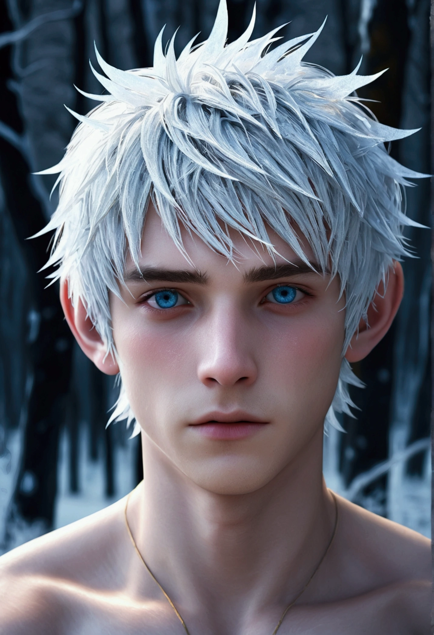 (Jack Frost: 1.6), full body shots photorealistiic young man, 18 years old, milk white skin, blue eyes, white hair, shirtless, 6-pax abs, (full body shot), young boy, 18 years old, beutiful, perfect, milk white skin, slim body, very detailed blue eyes, very pale skin, barefoot in a snow forest, winter. (masterpiece:1.4, best quality), (intricate detail), Unity 8k wallpaper, Ultra Detailed, (abstract art:1.2), (Anato Finnstark style:1.3), boy from another dimension, a symphony of iridescent colors merging and shifting seamlessly, dynamic pose with rotating patterns of energy around you, a mix of determination and serenity in his expression, a general feeling of transcendence and exploration, consumed by inner darkness, empty waiting you, (Beautiful cosmic eyes), perfect lighting, perfect shading, (Children face)