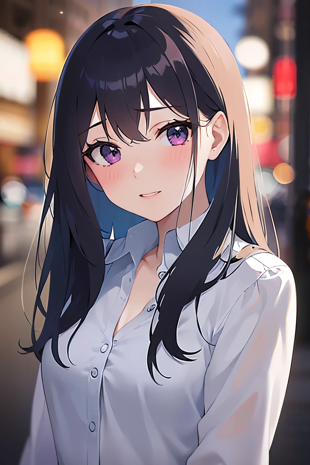 hand on own face、Close-up of your face、head tilt, Cleavage、Realistic, real person, (pale skin: 1.2), RAW photo, photorealistic, shiny skin, shiny hair、(A 25-year-old woman with straight hair and bangs) and (medium hair) and (black hair) and (purple eyes) , (white) and (collared shirt)、smile, (blush:1.5), The background is a shopping street at night、Alone、Are standing