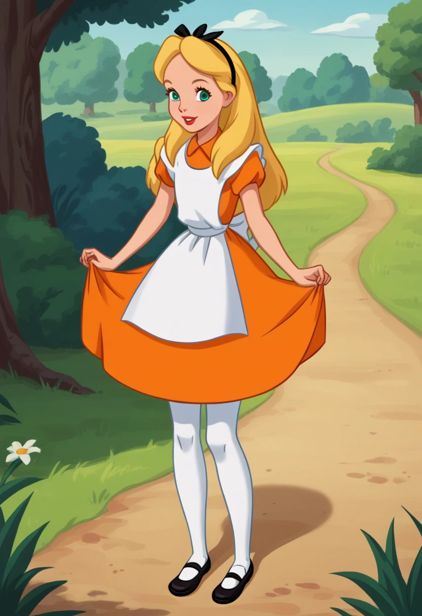 score_8_up, BREAK, Alice, 1girl, solo, blonde hair, long hair, green eyes, orange headband, ribbon bow, orange dress, short sleeves, white apron, white pantyhose, black Mary janes, looking at viewer, outdoors, full body,