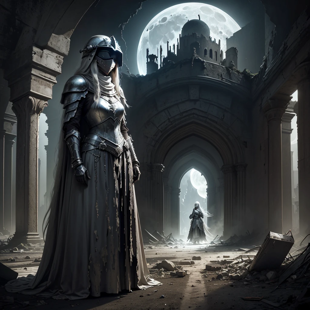 Tall old queen in a decrepit and old dull body metallic armor, with a fully enclosed helmet, (((face covered in darkness))), white long hair, standing in the middle of a destroyed and abandoned throne room at night, (((in the dark))), ((moon light))