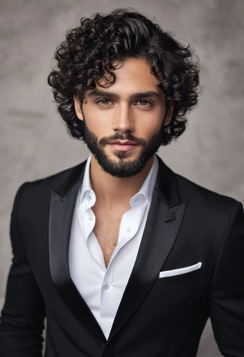 You can create an image of a handsome young man with a fine face, clear skin, black hair, barba, black gala dress, besando a una mujer de clear skin, Curly hair, dressed in white gala