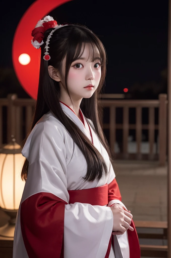 Red and white shrine maiden outfit、Stern expression、Grey Eyes、Warm lighting、 Blurred foreground、night深く、High Contrast、night、moon,Look to the side,Long Hair,真っ黒なnight,満moon,universe,Princess Kaguya,