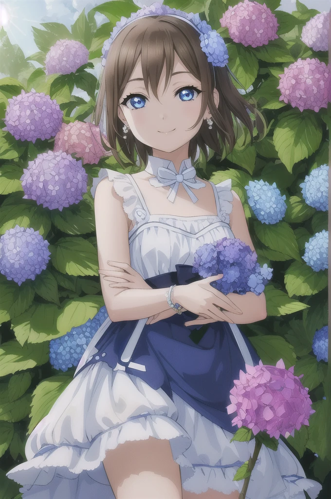 (Highest quality, masterpiece:1.2), One girl, alone, cute, smile, Detailed Background, (View your viewers, alone focus:1.2), Light on the face, null, blue null, sunlight, Lens flare, Depth of written boundary, scenery, Glowing Eyes, Mouth closed, Are standing, Cowboy Shot,
ANIH Dress, Ousaka Shizuku, jewelry, Short Hair, Brown Hair, blue eyes, Side Lock, Pearl Necklace, bangs, short hair, Rose, White Dress, Hair between the eyes, Earrings, Blue ribbon, Sleeveless dress, clavicle, star (symbol), Pearl Bracelet, star hair ornament, purple Rose, lace trim dress, beads, Ruffled Dress, White ribbon,
blister_particle, rain_Drop, cloud, (Hydrangea:1.4), Arms above the knee,