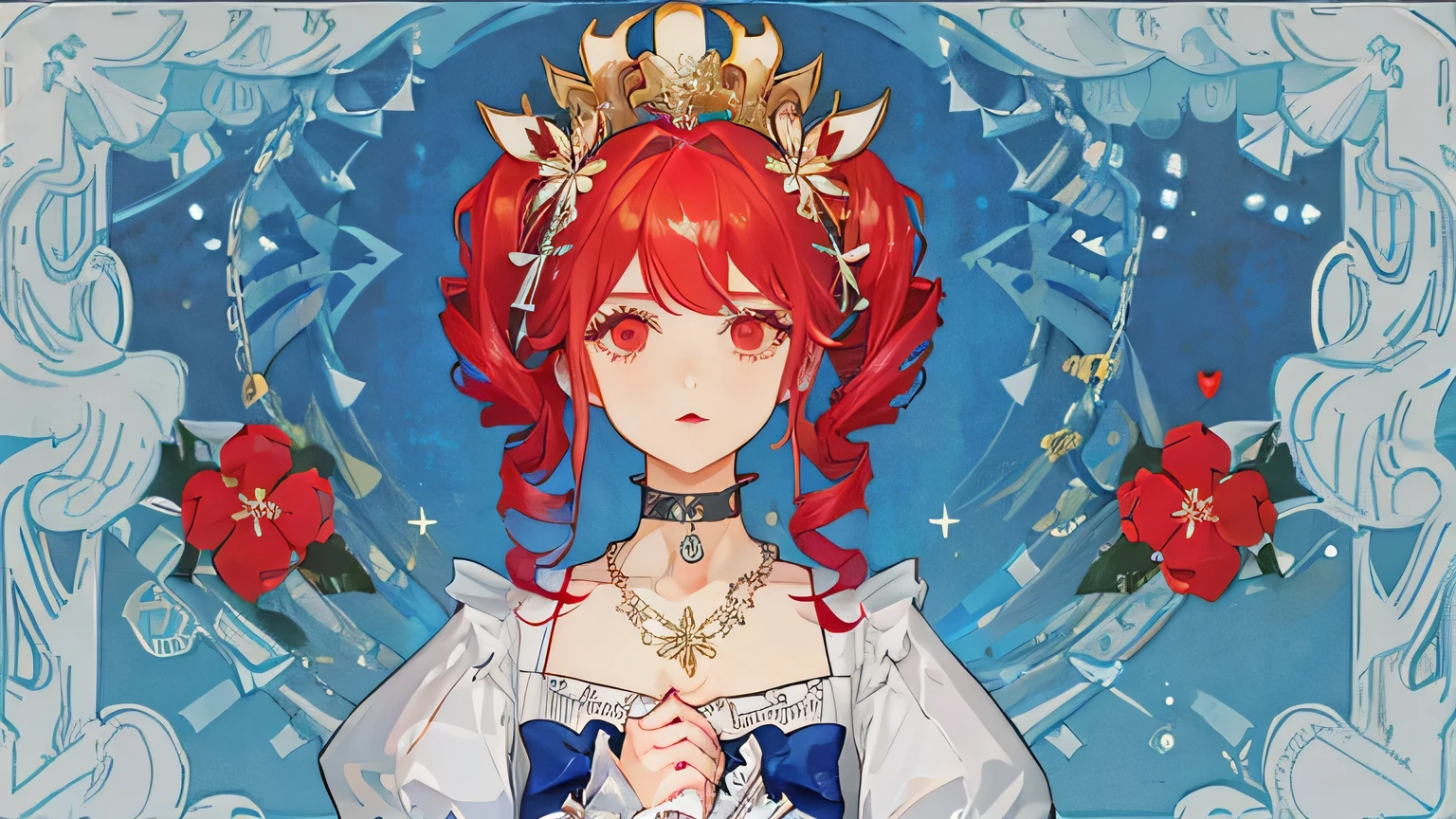 ((best quality)), ((masterpiece)), (detailed)(Baroque),Bright colors,Close-up of facial features,flower necklace, ribbon choker, popped collar, (hand to mouth:1.1), long hair, (red hair:1.1), (twin drills:1.21), (looking at viewer:1.21), chain necklace, border,White Dress。Blue Background,Garland decoration