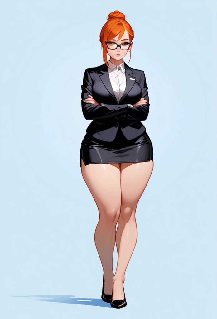 authoritative pale adult woman, large breasts, very thick thighs, massive thighs, wide hips, short ginger hair in a sleek hairbun, glasses, tight black blazer, tight black pencil skirt, mid-thigh black pencil skirt hem, thick thighs pressed together, very thick legs, thick calves, wearing black high heels, bored expression, strict teacher, facing forward, she is standing, legs and feet in the photo, crossing arms under her chest, straight face, raised eyebrow, full body shown, voluptuous, detailed face, 8k quality, professional, full body shown, staring