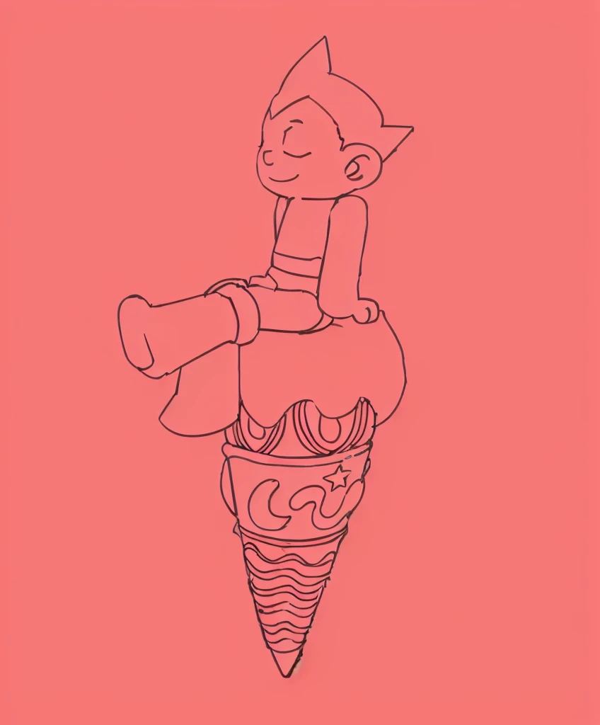ice cream, solo, 1boy, male focus, food, closed eyes, simple background, boots, ice cream cone, sitting, smile, crossed legs, black hair, pink background, spiked hair