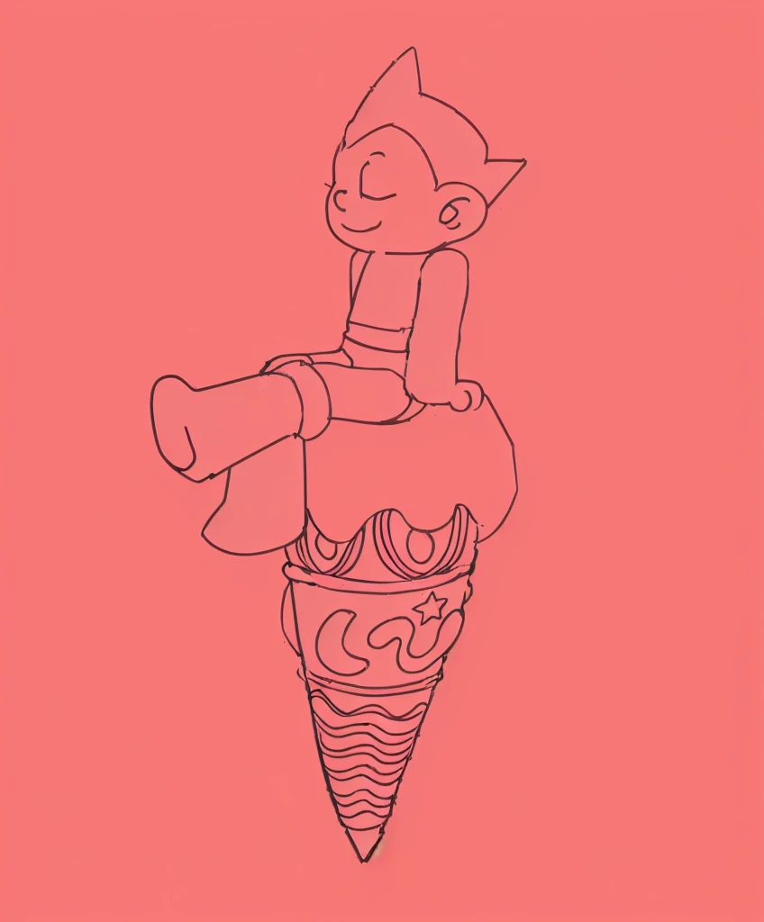 ice cream, solo, 1boy, male focus, food, closed eyes, simple background, boots, ice cream cone, sitting, smile, crossed legs, black hair, pink background, spiked hair