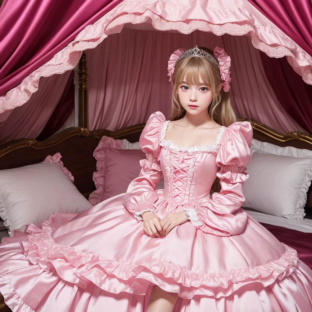 highest quality, masterpiece, highest resolution, artwork, super それにget used to it, many get used to it, get used to it, それにget used to it, 3k realistic pictures,,((10 year old little girls)),Ultra-detailed juvenile face,ultra-detailed beautiful little girls,girls are princess,full length ball gown dress with hoop skirt,ruffled yoke collar,puff sleeves,long sleeve,((Lolita style hot pink detailed princess satin dress with lots of ruffles and ribbons)),Rococo style lolita fashion,shiny satin dress,Soft and smooth fabric,detailed princess dress,luxury,long blonde hair,blue eyes,white skin european,Pajama,((in the bedroom of the palace)),luxury princess canopy king size pink bed,shiny satin sheets,ultra-detailed princess bed,High-quality background,lot of frilled pillows,on the bed,
