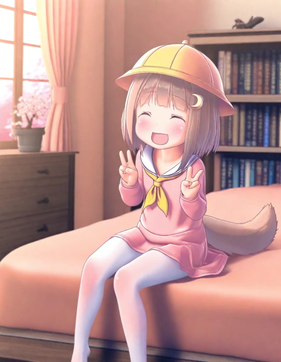 custom udon, 1girl, fumizuki \(azur lane\),  school hat, yellow headwear, crescent hair ornament, pink shirt, yellow neckerchief, pink skirt, white pantyhose, dog tail, sitting, leaning back, bed, bedroom, window, light rays, dappled sunlight, sunset, dusk, autumn, cherry blossoms, v, double v, happy, smile, open mouth, bookshelf, television, potted plant, naked