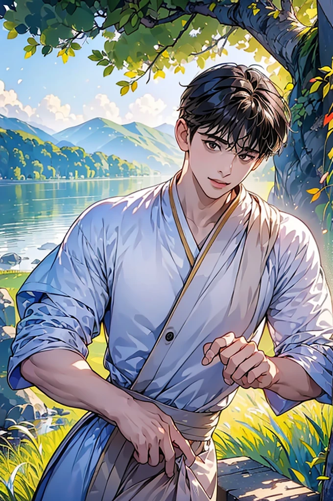 (in 8K、top-quality、​masterpiece:1.2)、1 boy、short-haired、Hair short、Brown-skinned、Purple View、