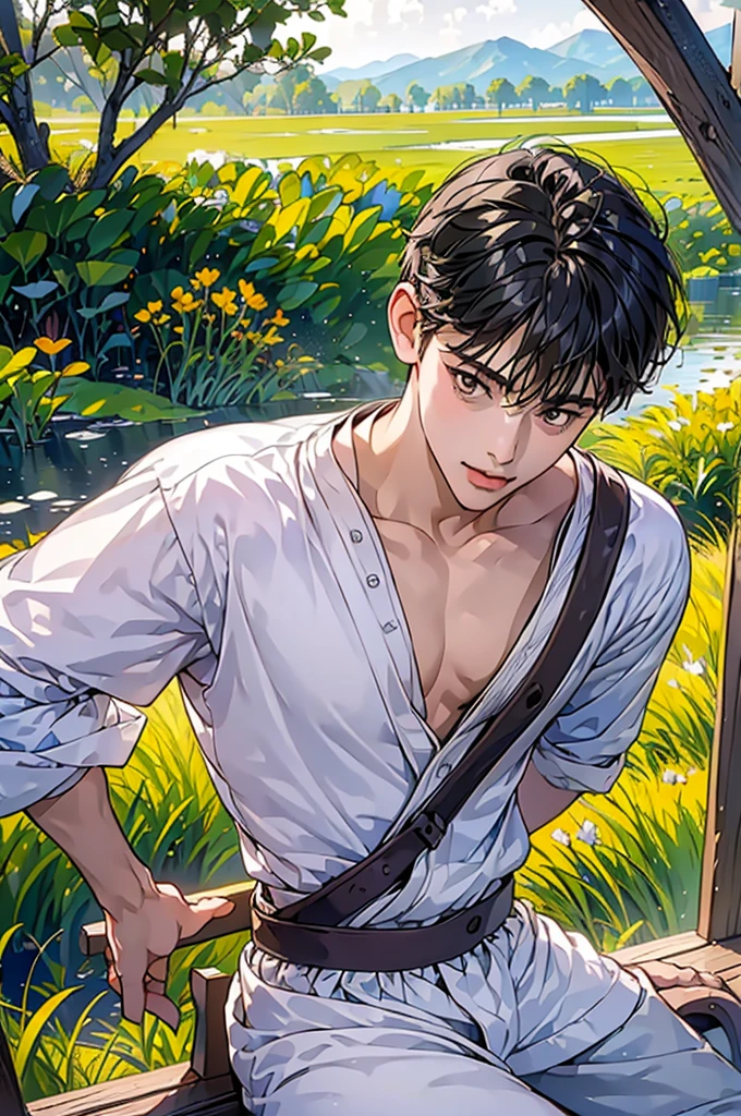 (in 8K、top-quality、​masterpiece:1.2)、1 boy、short-haired、Hair short、Brown-skinned、Purple View、
