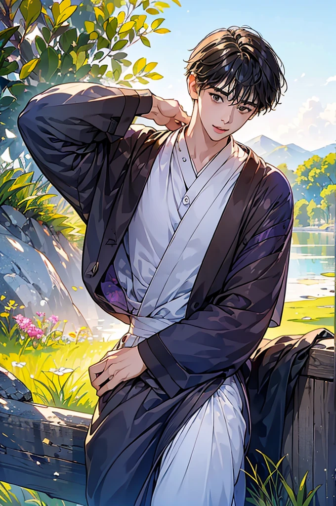 (in 8K、top-quality、masterpiece:1.2)、1 boy、short-haired、Hair short、Brown-skinned、Purple View、