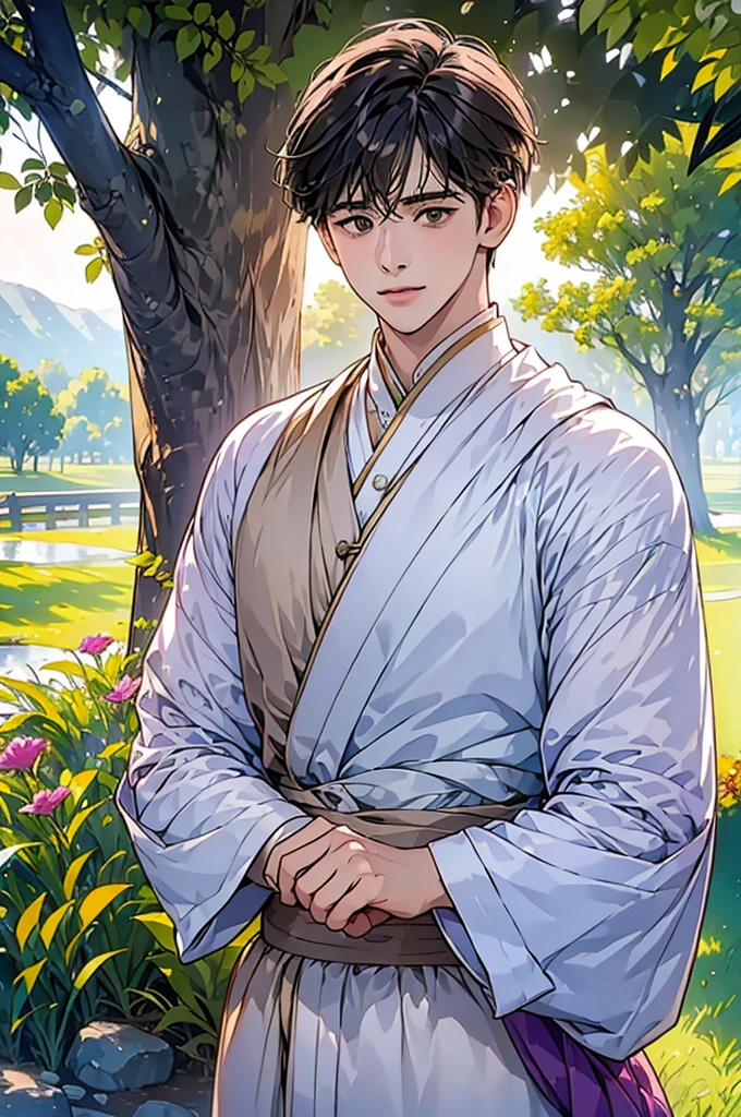 (in 8K、top-quality、​masterpiece:1.2)、1 boy、short-haired、Hair short、Brown-skinned、Purple View、