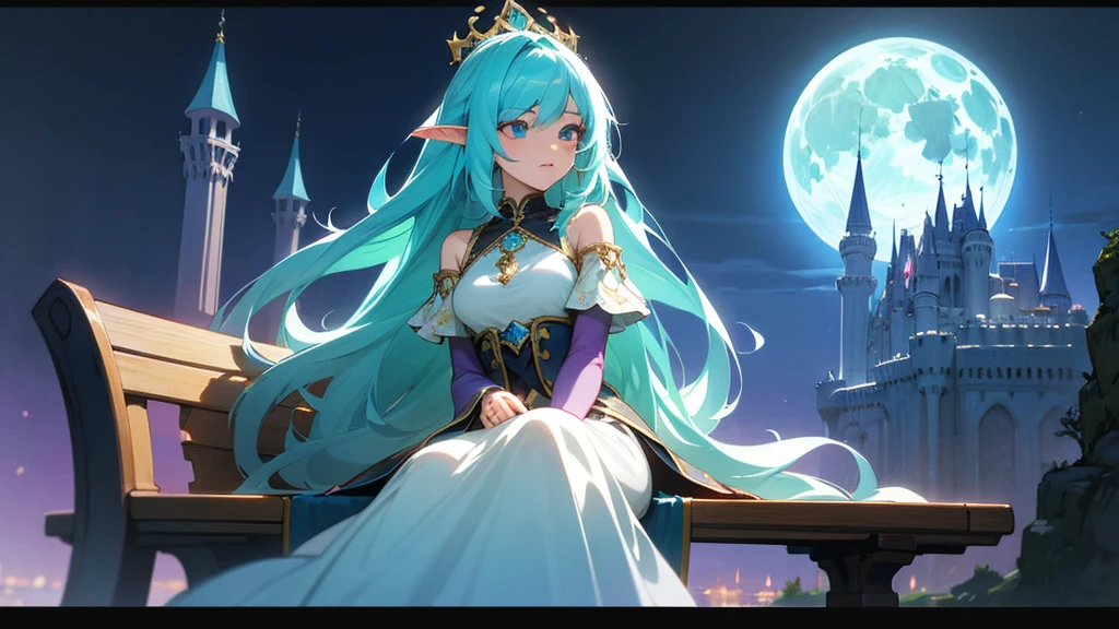 high quality、8k、Arabic style portrait of a woman sitting on a bench in front of a castle, night、full moon、Gwaise Style、neon、Beautiful fantasy anime, Detailed fantasy digital animation, Fantasy anime style, epic Fantasy anime style hd, Detailed fantasy anime, Beautiful and elegant elven queen, 2. 5d cgi anime fantasy artwork, Epic fantasy digital art style, Fantasy-style anime, Very beautiful fantasy art、16:9