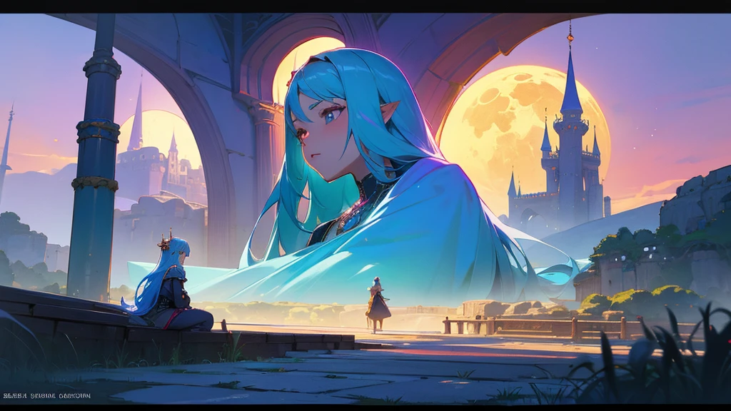 high quality、8k、Arabic style portrait of a woman sitting on a bench in front of a castle, night、full moon、Gwaise Style、neon、Beautiful fantasy anime, Detailed fantasy digital animation, Fantasy anime style, epic Fantasy anime style hd, Detailed fantasy anime, Beautiful and elegant elven queen, 2. 5d cgi anime fantasy artwork, Epic fantasy digital art style, Fantasy-style anime, Very beautiful fantasy art、16：9