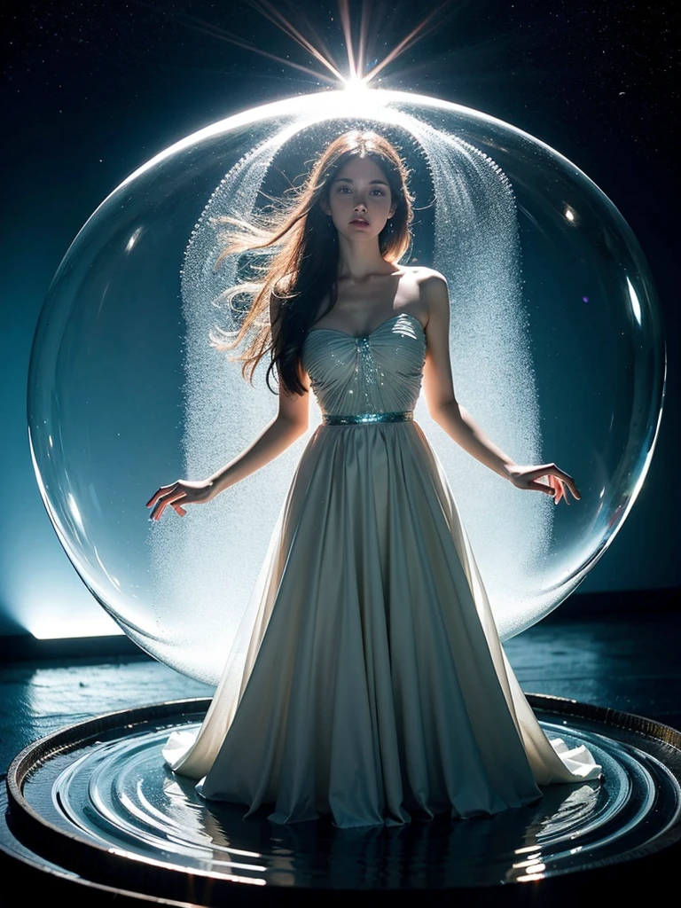 Young woman wearing a dress entirely made of transparent flowing water. Fluid, cascading gown with dynamic water movement. Large soap bubble-like spheres incorporated into the water fabric, creating a mesmerizing blend of flowing liquid and delicate bubble structures. Dynamic poses, dancing, Shimmering, iridescent water surface with rainbow reflections on bubble areas. Water drops of various sizes forming the dress's texture. High-detail photography, fantasy concept art style. Simple plain light blue background. Flowing water in space.