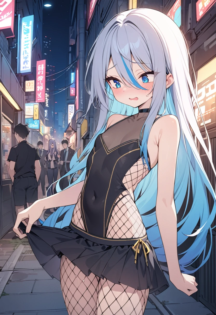 Browsing Caution,masterpiece,Highest quality,High resolution,Very detailed,Shiro \(no game No life\),Long Hair,Multicolored Hair,Hair between the eyes,Gradient Hair,Flat Chest,blue eyes, Black choker,Black leotard,See through,Micro Mini Skirt,Removable sleeves,Fishnet tights,Small breasts,Faces of Expectation,Embarrassing,Ecstatic expression,Downtown at night,alley,One'Home,prostitution,From below