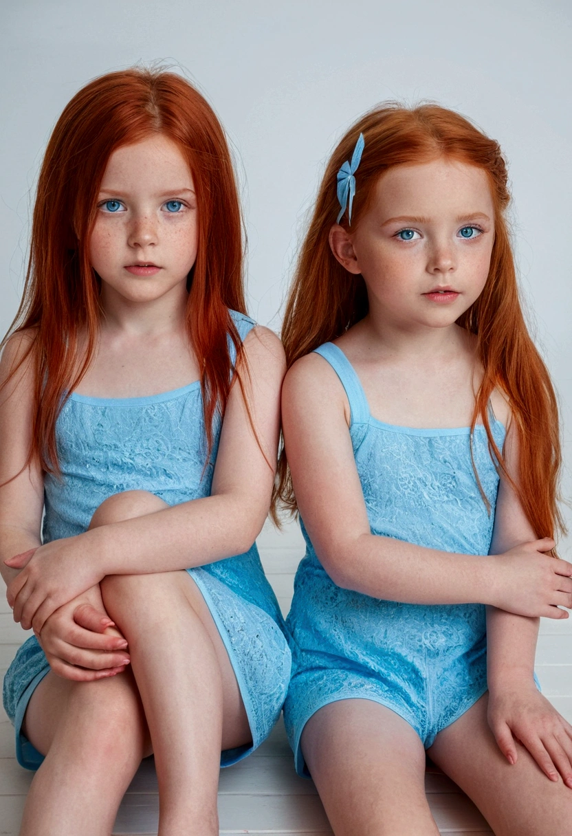 Girl without white clothes blue eyes together with her red-haired sister with her legs open