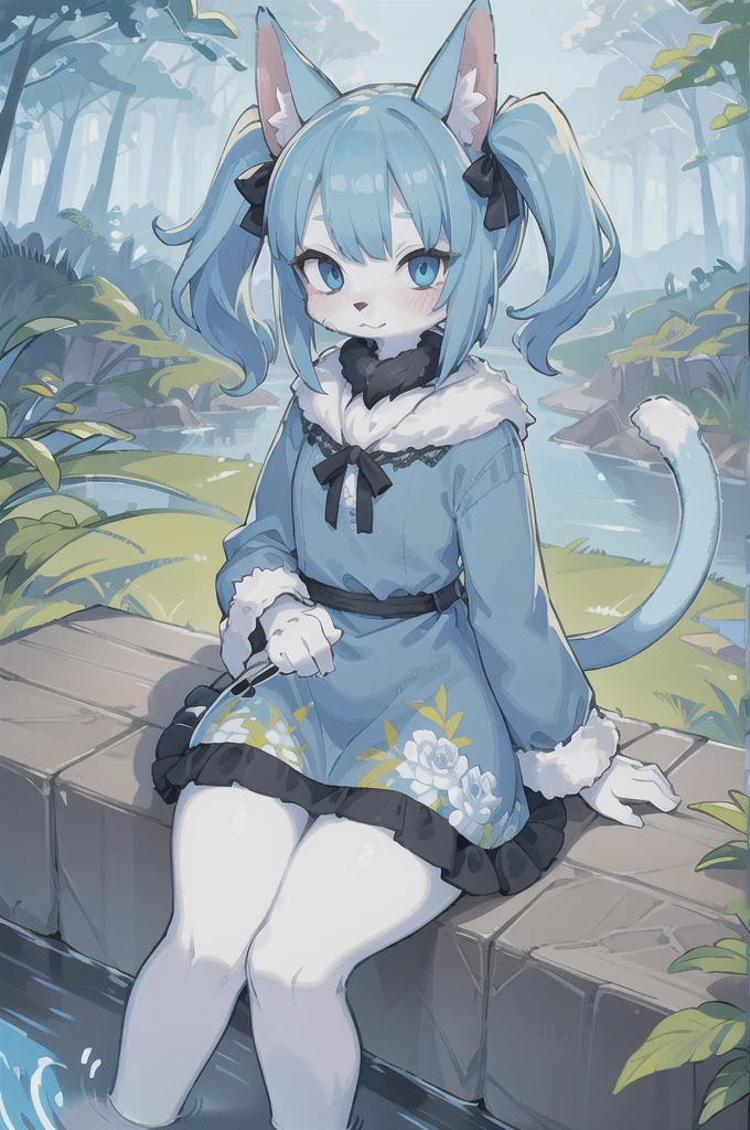 ((masterpiece, best quality)),furry, animal ears, tail, bodyfur,
(ultra-detailed), (illustration), (ultra highres), (delicate illustration), (hyper detailed),1girl, blue_dress, blue_eyes, blue_hair, blush, dress, long_sleeves, outdoors, pond, short_hair, sitting, soaking_feet, solo, twintails, two_side_up, water