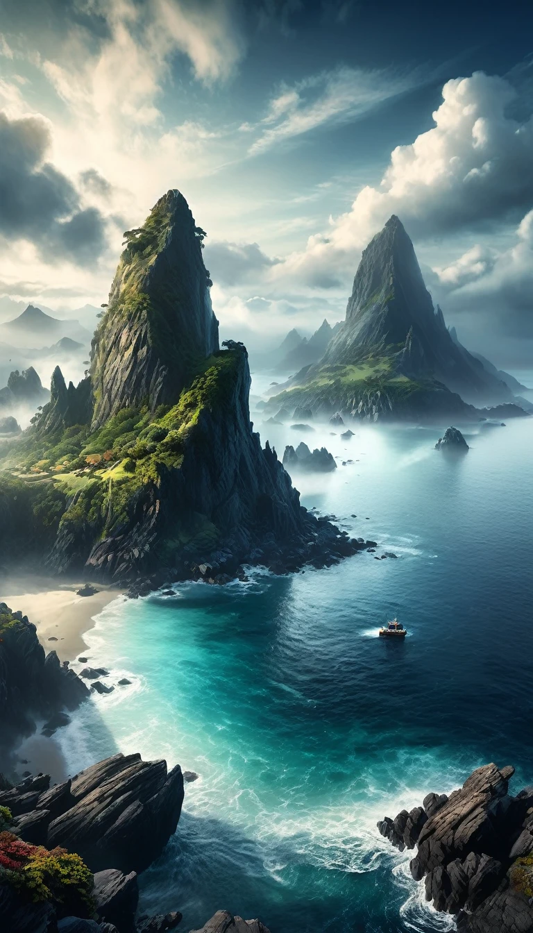 a mysterious island, mountainous landscape, misty atmosphere, rocky coastline, aerial view, cinematic lighting, dramatic clouds, serene ocean, photorealistic, highly detailed, vibrant colors, realistic textures, fantasy landscape, dramatic shadows, atmospheric haze, epic scale, wide angle composition, masterpiece quality, dark aura
