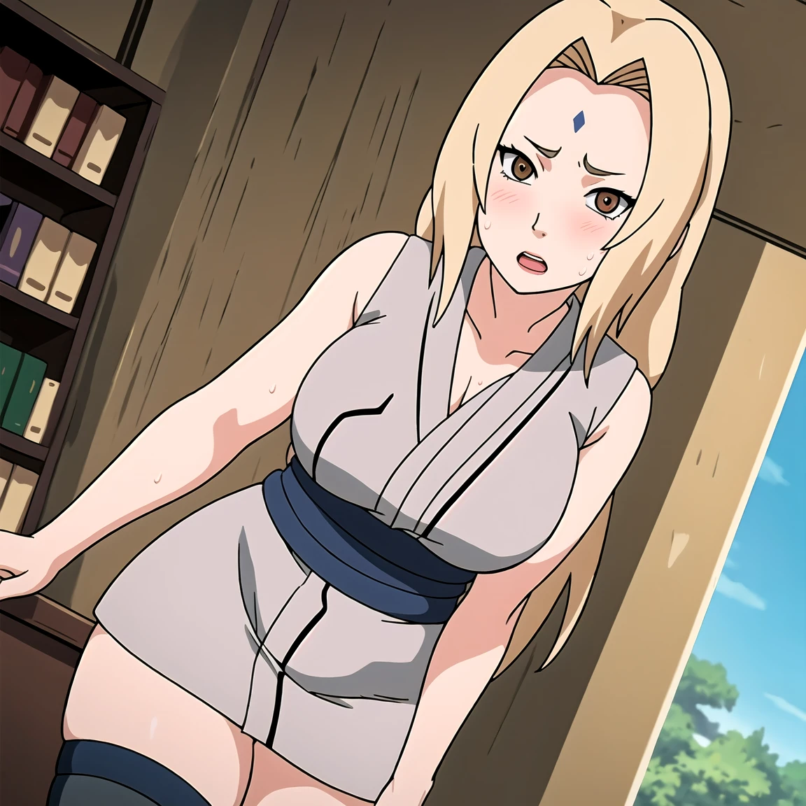 Tsunade , Brown eyes , Blonde Hair , Forehead Mark , (8K, RAW photos, best quality, masterpiece:1.2), (Intricate details), Perfect eyes, Perfect face, Perfect lighting, beautiful, (masterpiece:1.2), (best quality:1.2), 1 Girl, White shirt , Denim shorts , ,aldult,25 years old,(Vision(blush,nervous,Vision,classroom,bookshelf,Standing,))masterpiece, absurd , (Intricate details), (Colorful), light, Extremely detailed CG Unity 8k wallpaper ,1 Girl, solo,(shy,classroom,night,blush,nervous,Sweating,蕾丝dress, ),sweat,blush,blush1.5,Blush,Medium chest,((dress,Black stockings,)),(dress,Standing,Uncomfortable expression,Mouth open,spit)