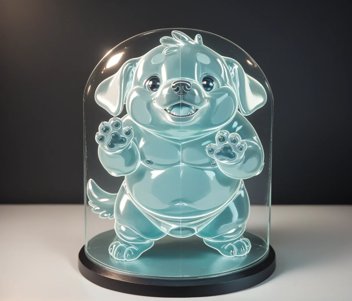 (cute, Obese, male, anthro, dog cub), glowneon, A detailed and vibrant transparent glass sculpture, in a fantastical landscape with vibrant colors and intricate details, cinematic lighting, casting a gentle glow on its surroundings, done by artists such as Ruan Jia, glass briefs