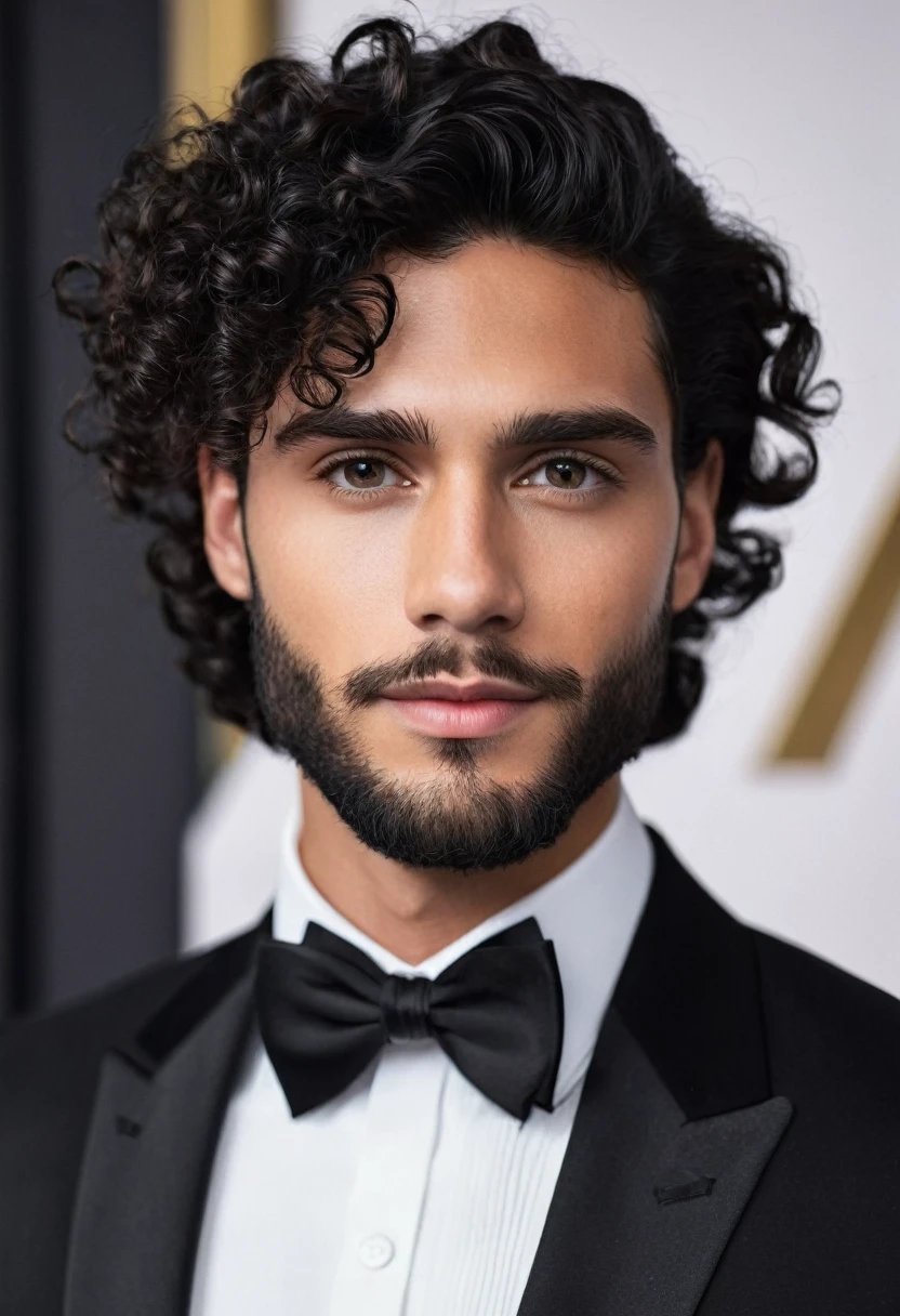You can create an image of a handsome young man with a fine face, clear skin, black hair, barba, black gala dress, al lado de una mujer de clear skin, Curly hair, dressed in white gala