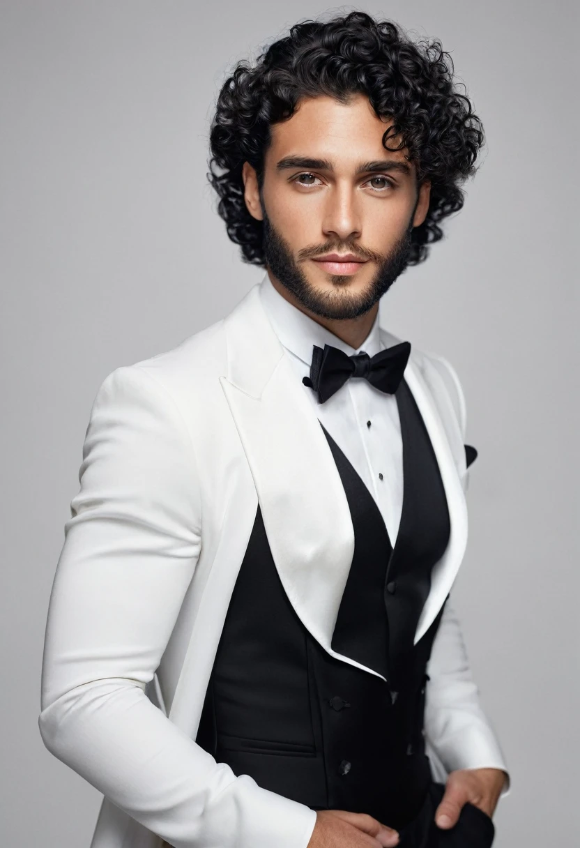 You can create an image of a handsome young man with a fine face, clear skin, black hair, barba, black gala dress, al lado de una mujer de clear skin, Curly hair, dressed in white gala 