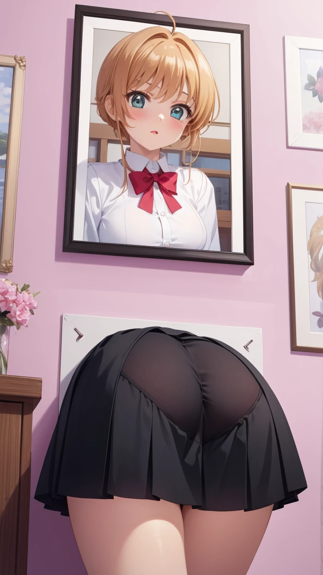 masterpiece, best quality, highres, 1girl, blush, anime CG style, (medium breasts), (18 year old girl:1.3), (aged up), good lighting, sakura kinomoto, glossy lips, ass view, picture in a frame, miniskirt, (lace panties:0.8), (glory wall pose:1.3), school shirt