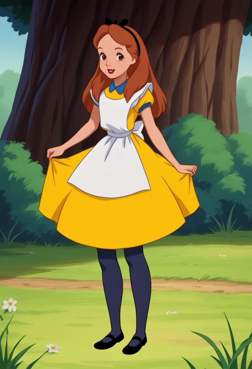 score_8_up, BREAK, Alice, 1girl, solo, brown hair, long hair, brown eyes, headband, ribbon bow, yellow dress, short sleeves, white apron, white and black ribbon pantyhose, black Mary janes, looking at viewer, outdoors, full body,