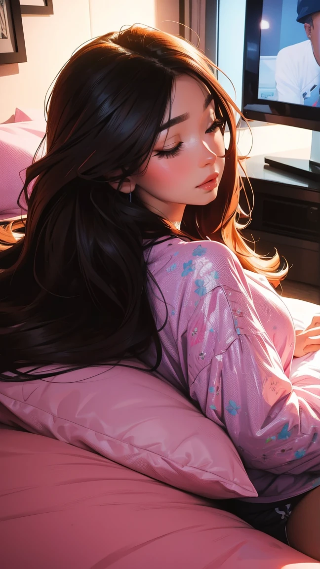 Sleeping in bed at home,There is a TV,beautiful girl, UHD Portrait, (high quality) (Super detailed) Observation of viewers wearing hip-hop street fashion; different, colorful, Long hair in color 🌈