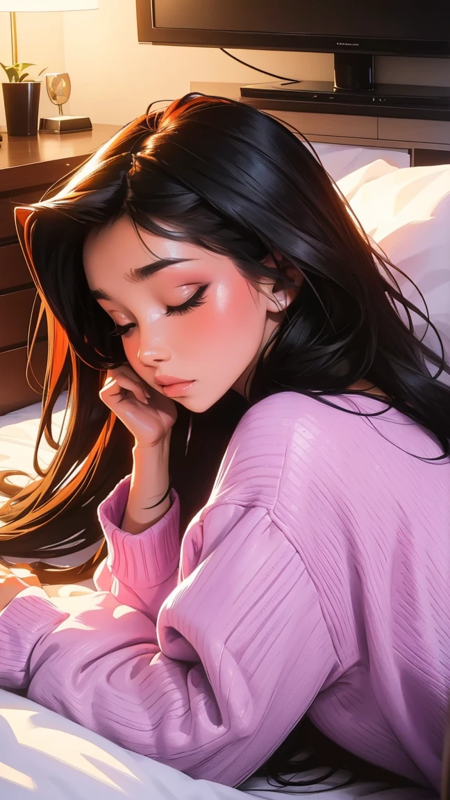 Sleeping in bed at home,There is a TV,beautiful girl, UHD Portrait, (high quality) (Super detailed) Observation of viewers wearing hip-hop street fashion; different, colorful, Long hair in color 🌈