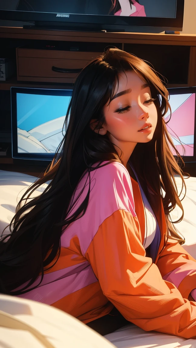 Sleeping in bed at home,There is a TV,beautiful girl, UHD Portrait, (high quality) (Super detailed) Observation of viewers wearing hip-hop street fashion; different, colorful, Long hair in color 🌈
