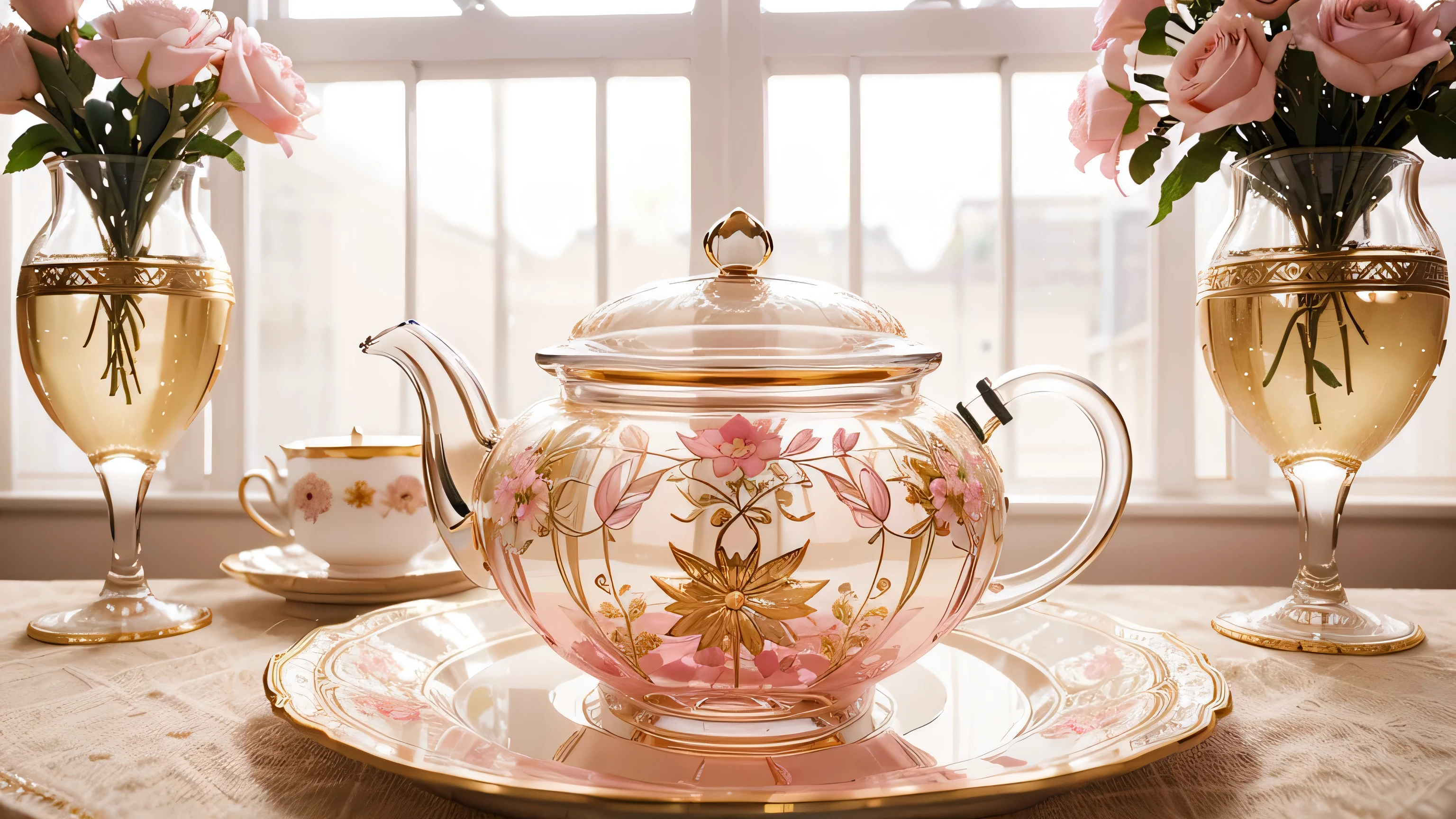 Elegant tea set Made entirely from clear glass. In a bright light pink tone The glass tea pot and saucer are intricately decorated with gold and pearls. It has a clock face embedded inside a clear glass tea pot. The set is arranged on a beautifully detailed floral tablecloth. The background consists of soft light, glow and delicate pink flowers. Create a complex and fascinating atmosphere. The overall scene is bright and cheerful. There is a sense of uniqueness and sophistication.