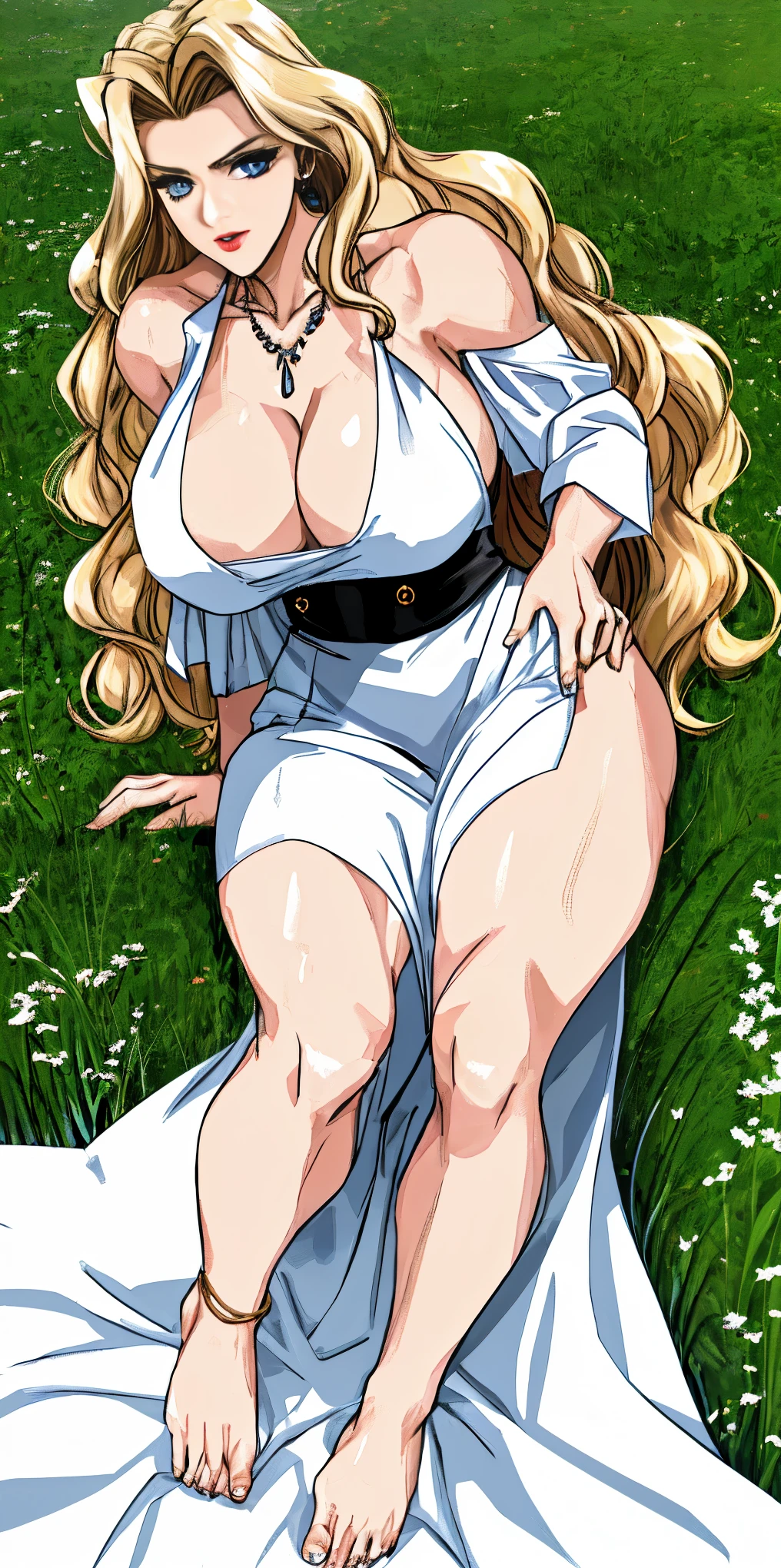 full body of blonde scandinavian goddess, face of elsa hosk, huge breasts, white silk dress with deep cleavage, bare feet, amber necklace, light blue eyes, golden blonde wavy hair, red lips, seductive gaze, volumetric lighting, realistic, meadow background, thick thighs, muscular body, jewelry, realistic, raw, analog, woman, photorealistic, analog, realism