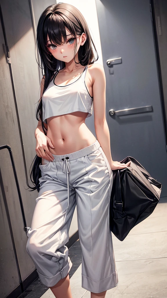 Slim, girl, NSFW, tight white cropped tanktop, loose black baggy pants, pants are falling off