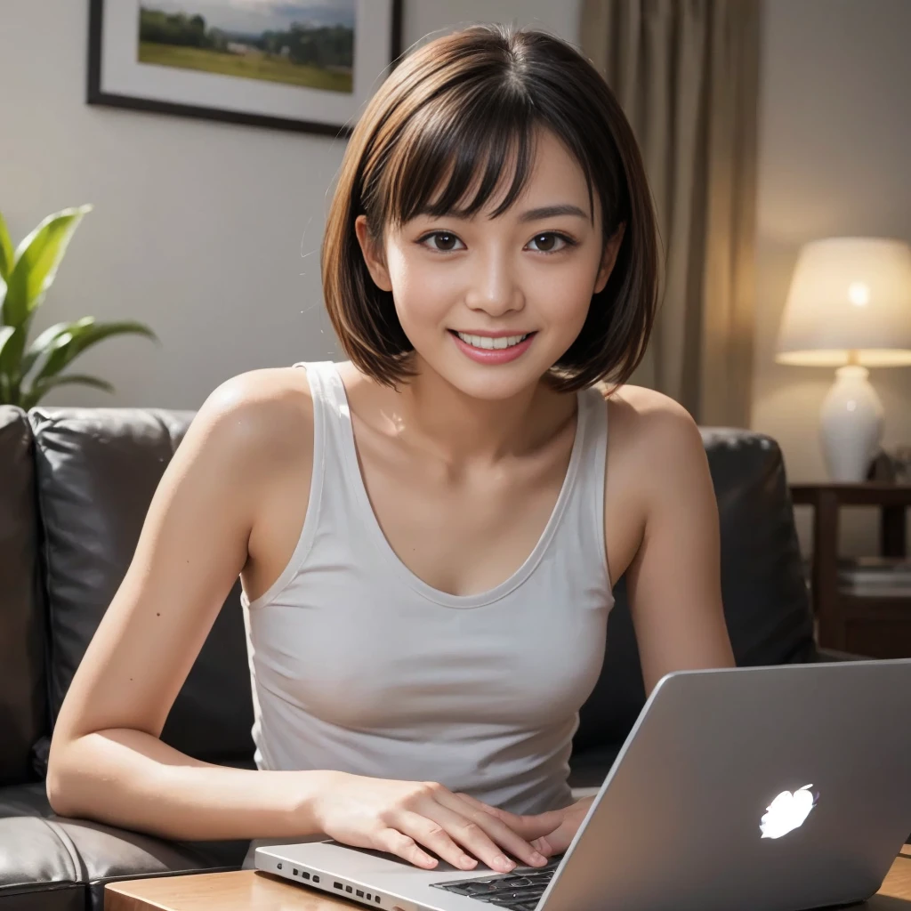 (realistic), (photorealistic), best quality, beautiful detailed, natural lighting, sharp focus, depth of field, in the colorful living room of a modern apartment, A young Japanese woman with brown straight very short hair, (solo), tank top, (sitting in a chair), (searching the Internet on a laptop), looking at viewer, best quality real texture skin, detailed beautiful delicate face and eyes, double eyelid, smile:1.2, white teeth:1.2,
