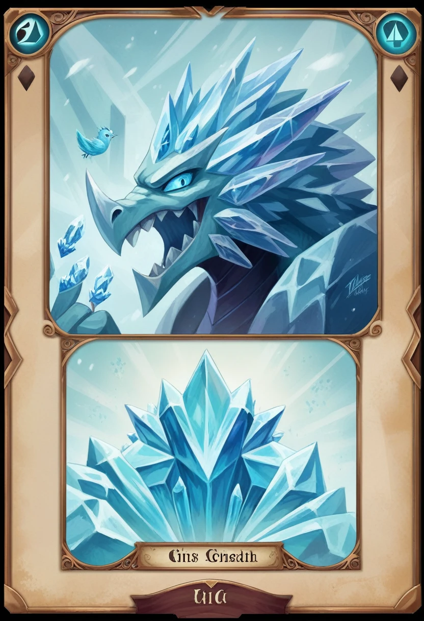a close up of a crystal bird with a sword on a snowy surface, ice lord, ice wizard, ice master, with ice powers, magical icy crystal phoenix egg, scary sharp ice, crystal clear skin, skin crystal, profile photo 1024px, ice cream, ice spell, Hearthstone card art, armor made of ice, frozen crystalline dragon, Blizzard Hearthstone concept art