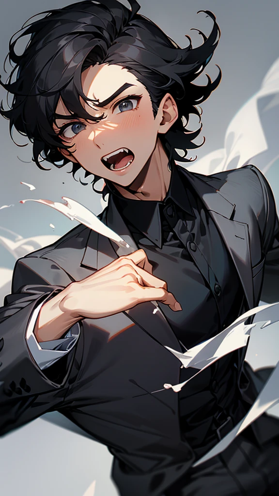 A handsome man with short black hair is wearing a charcoal gray suit. He has his mouth wide open, showing a very surprised expression.