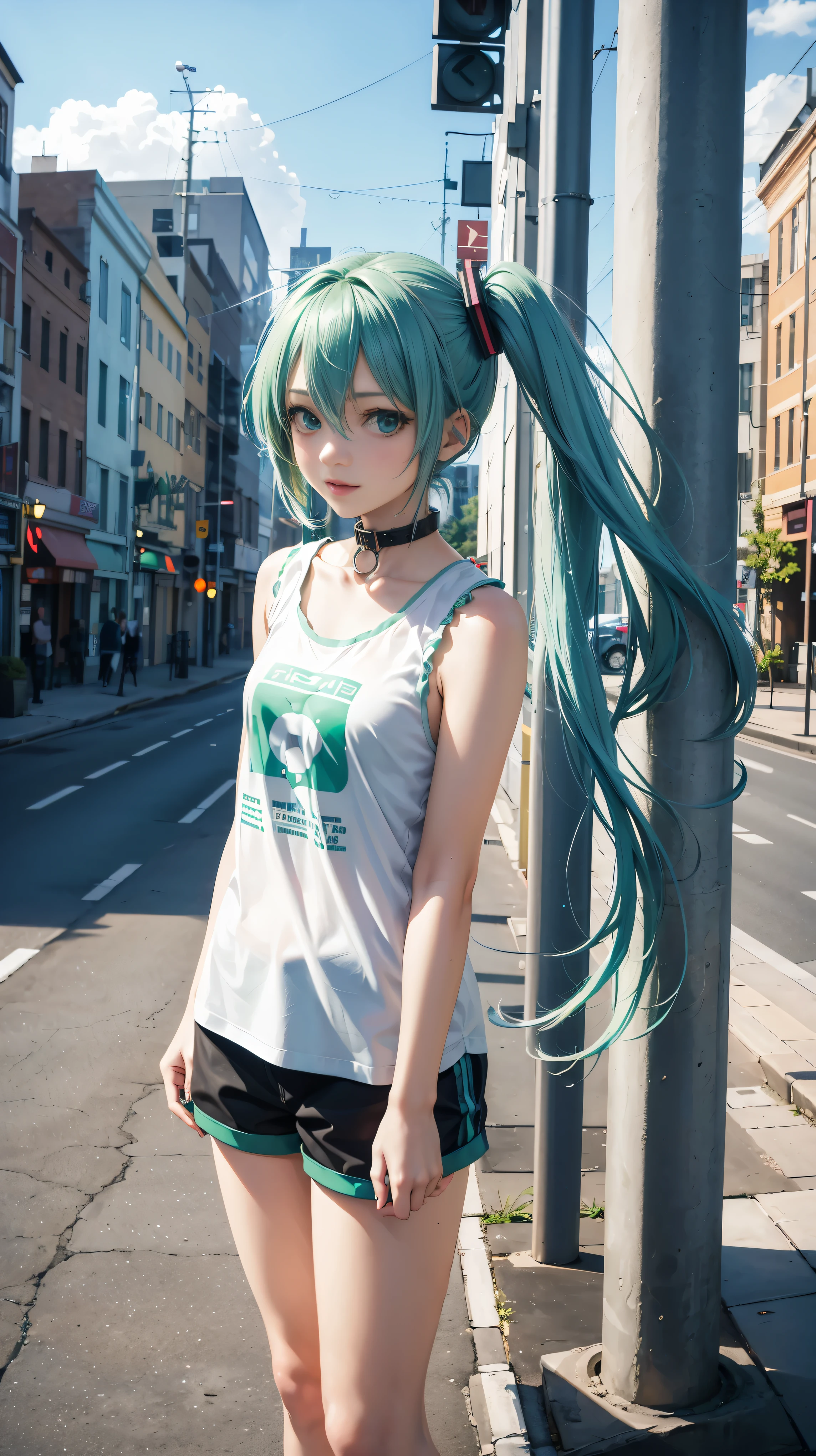 Age 25, hatsune miku, city, Green Hair, Green Eyes, Vocaloid, Girls in need, collar, White shirt, T-Shirts, blue short, No sleeve, View your viewers, Are standing
