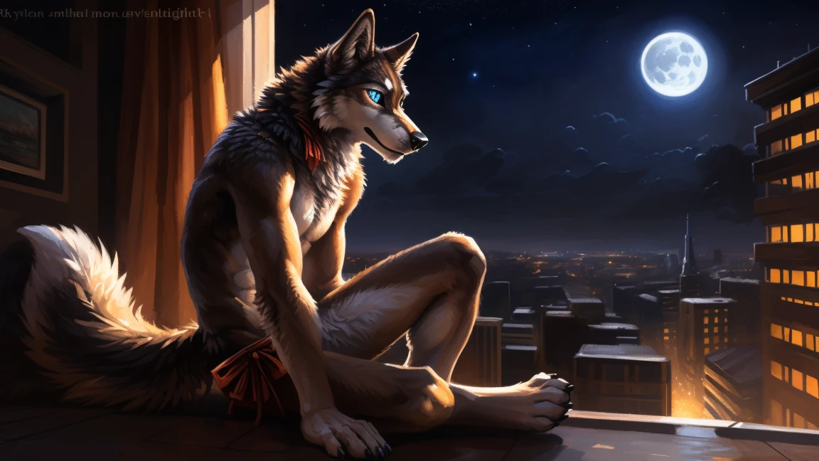 ((Solo)), male people, anthro wolf, (Multi-colored fur, White-brown:1.3), ((Wolf face, Big eyes, White eyelids, Blue pupil, Slim:1.2) (Tough, Calm expression:1.2)), (Height 2.1 meters,Tail length 1.5m), Abs, Slim, pinging, (Correct anatomy), (Contour bone:1.2), The upper body is naked, (detailed outfits), a long large tail，Feet，(Realistic fur, Detailed fur texture, labeled:1.3)), (Natural lighting), Photorealistic, Hyperrealistic, ultradetailed, by Kenket，In the modern city，Roof，the night，Sit alone，Look at the full moon，It was dark，Starry