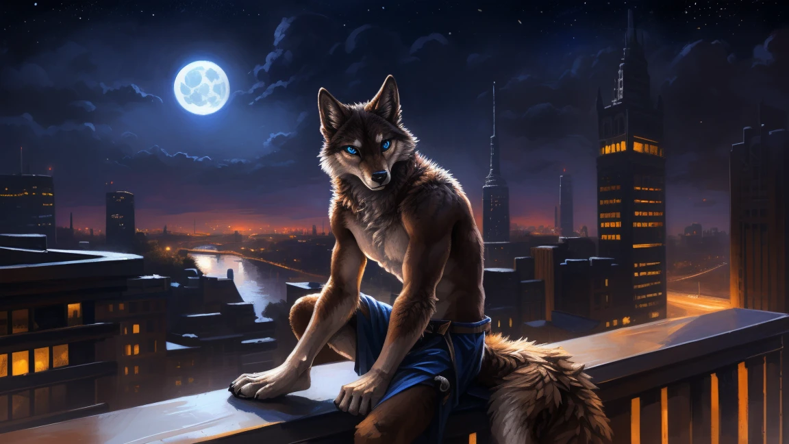 ((Solo)), male people, anthro wolf, (Multi-colored fur, White-brown:1.3), ((Wolf face, Big eyes, White eyelids, Blue pupil, Slim:1.2) (Tough, Calm expression:1.2)), (Height 2.1 meters,Tail length 1.5m), Abs, Slim, pinging, (Correct anatomy), (Contour bone:1.2), The upper body is naked, (detailed outfits), a long large tail,Feet,(Realistic fur, Detailed fur texture, labeled:1.3)), (Natural lighting), Photorealistic, Hyperrealistic, ultradetailed, by Kenket,In the modern city,Roof,the night,Sit alone,Look at the full moon,It was dark,Starry