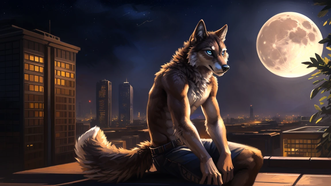 ((Solo)), male people, anthro wolf, (Multi-colored fur, White-brown:1.3), ((Wolf face, Big eyes, White eyelids, Blue pupil, Slim:1.2) (Tough, Calm expression:1.2)), (Height 2.1 meters,Tail length 1.5m), Abs, Slim, pinging, (Correct anatomy), (Contour bone:1.2), The upper body is naked, (detailed outfits), a long large tail,Feet,(Realistic fur, Detailed fur texture, labeled:1.3)), (Natural lighting), Photorealistic, Hyperrealistic, ultradetailed, by Kenket,In the modern city,Roof,the night,Sit alone,Look at the full moon,It was dark,Starry